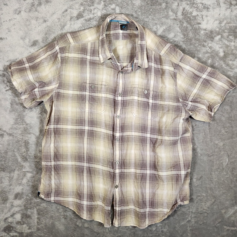 Just Keep Livin Shirt Men's XXL 2XL Button‎ Down Casual Short Sleeve Plaid Linen